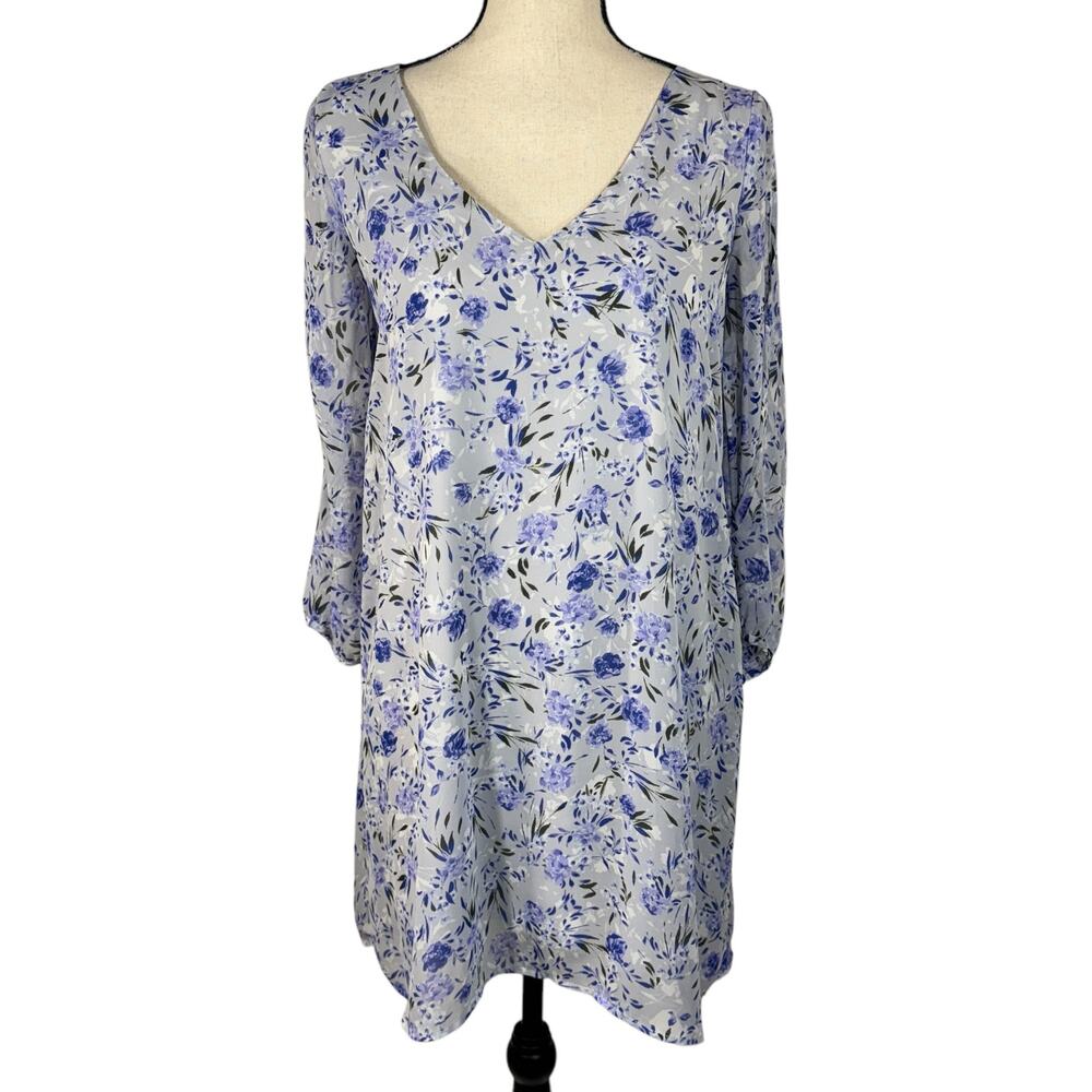 Lulus Medium Shifting Dears Mini Dress Floral Lined V-Neck 3/4 Sleeve Light Blue